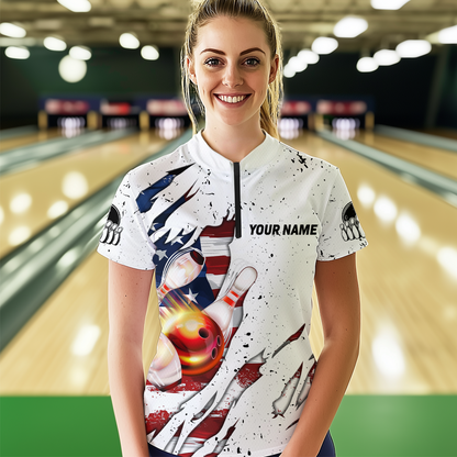US Flag Bowling Shirt for Women 3D Custom Bowling Jersey Shirts Team Polo & Quarter-Zip HNT19