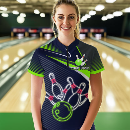 Custom Green&Blue Bowling Shirts for Men Women Team Bowling Polo & 1/4 Zip Shirt MBL41