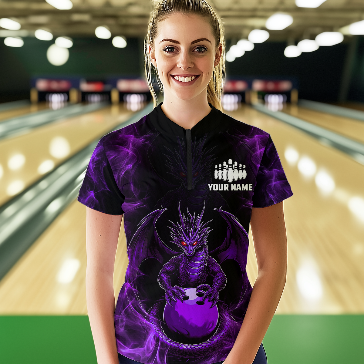Purple Dragon Custom Name Bowling Shirts For Women, Bowling Team Jersey Polo & Quarter-Zip Shirt HNT39