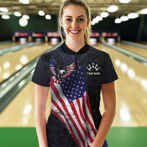 Personalized US Flag Bowling Shirt Eagle Bowling Jersey Quarter-Zip Shirt Bowling for Women QZT274