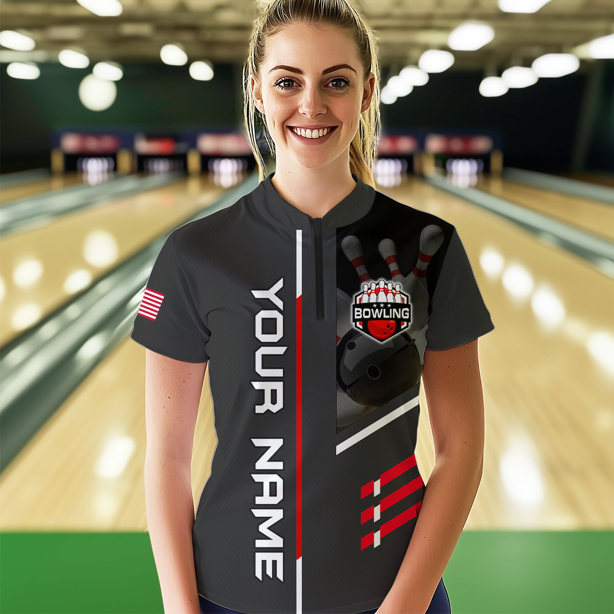 Personalized US Flag Eagle Bowling Shirt Bowling Jersey for Women Polo & 1/4 Zip Shirt Team League HNT24