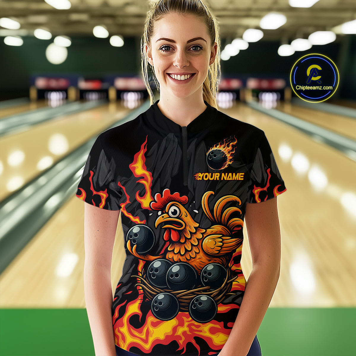 Personalized Chicken Bowling Shirt Orange Flame Bowling Team League for Women Bowling Jersey QZT706