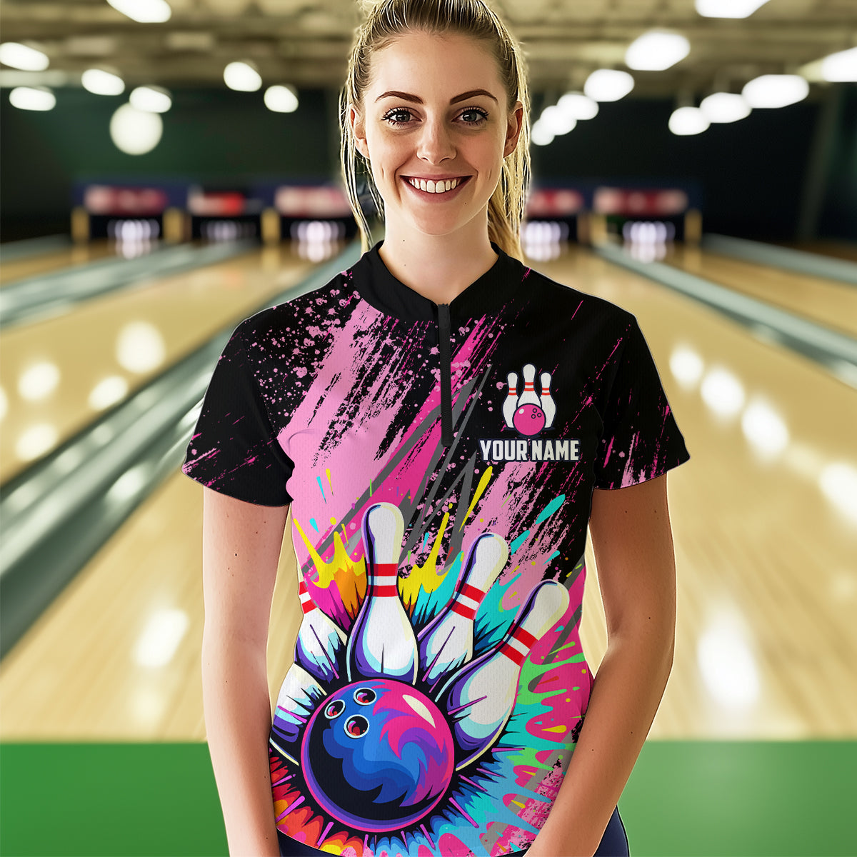 Custom Pink Bowling Shirt for Women Men Bowling Water Color Bowling Polo & 1/4 Zip Shirts MBL37