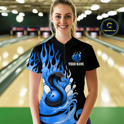 Custom Blue Flame Cobra Snake Bowling Shirt Quarter-Zip Bowling Team League Bowling Jersey QZT694