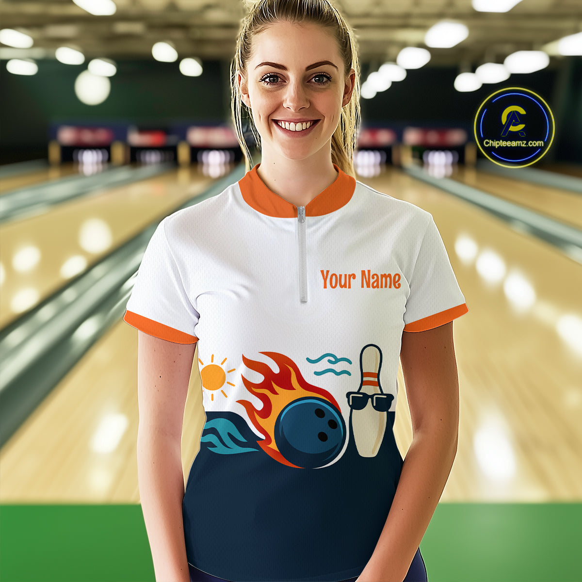 Personalized Flame Bowling Shirt Quarter-Zip Bowling Summer with Team Name Gift for Bowlers QZT697