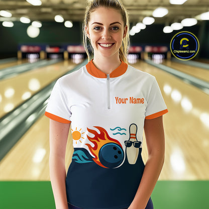 Personalized Flame Bowling Shirt Quarter-Zip Bowling Summer with Team Name Gift for Bowlers QZT697