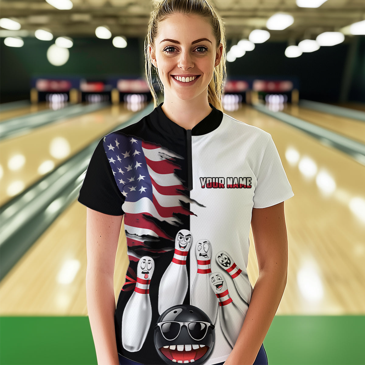 US Flag Bowling Shirt Funny Black & White Bowling Jersey Women Quarter-Zip Performance Bowling Shirt QZT263