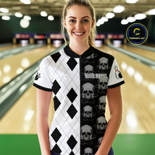 Load image into Gallery viewer, Black &amp; White Bowling Shirt Custom Skull Quarter-Zip Bowling Jersey Gift for Bowlers QZT693