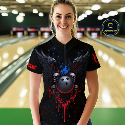 Custom Eagle Skull Bowling Women Shirts Bowling Uniform Polo & 1/4 Zip Bowling Team Jerseys HNT102