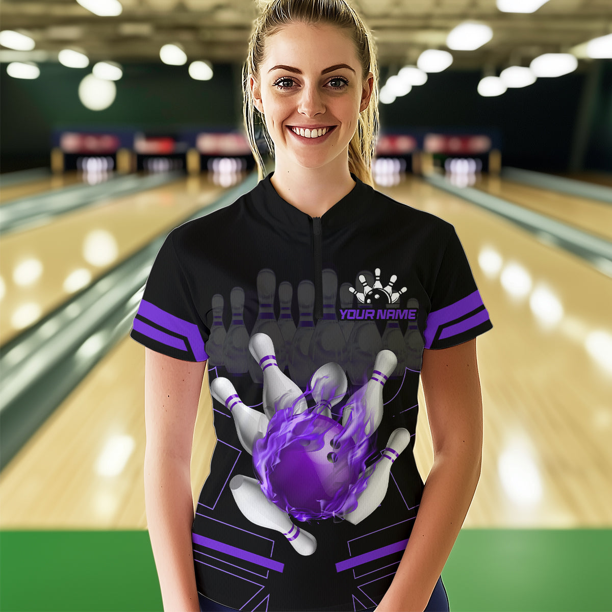 Custom Flame Bowling Jersey For Women Bowling Team Shirt League Bowling Quarter-Zip Shirt BDT303