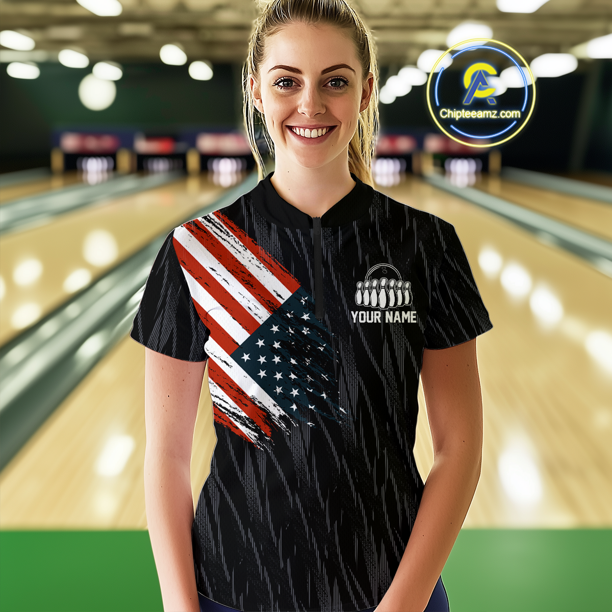 Custom American Flag Eagle Bowling Women Polo & 1/4 Zip Shirts Bowling Team Jerseys HNT89
