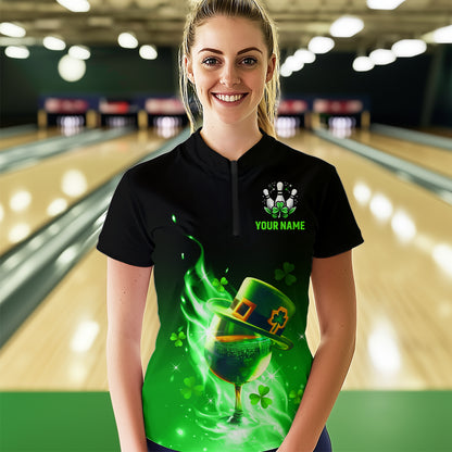 Custom Bowling Shirt Unisex Green Shamrock Lucky Clover Quarter-Zip Bowling Jersey QZT624