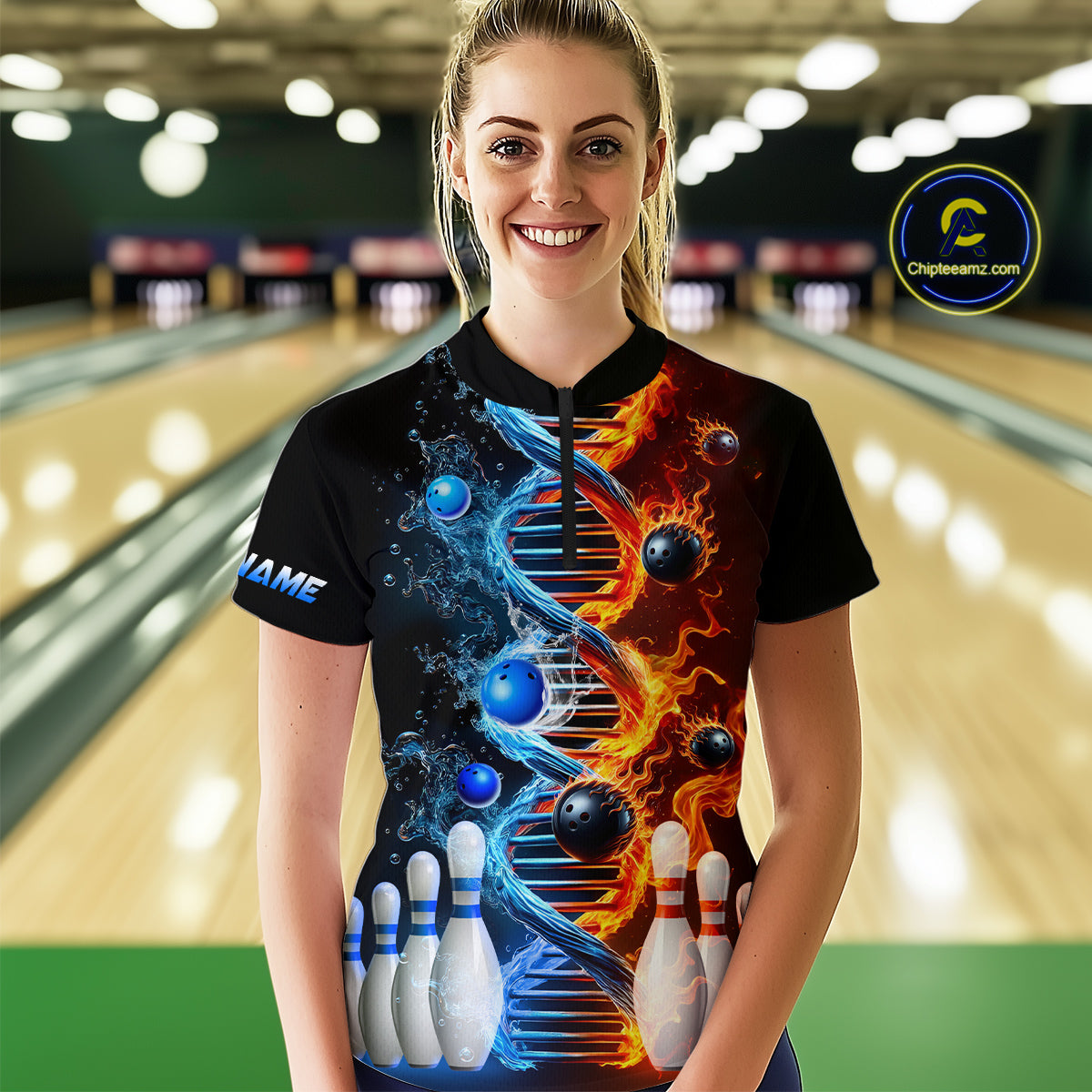 Woman wearing custom ice and fire DNA bowling 1/4 zip shirt, front view mockup, personalized bowling league jersey.