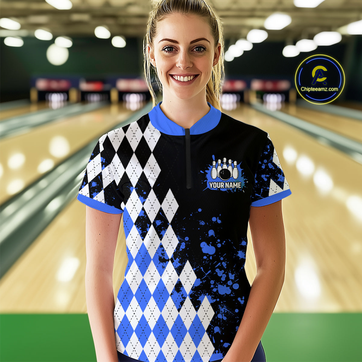 Blue argyle pattern Retro Bowling Shirts For Women Custom My drinking team has a bowling problem NQS9824