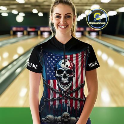 US Flag Skull Bowling Custom Women Bowling Shirt Polo & Quarter-Zip Bowling Team Shirts HNT74