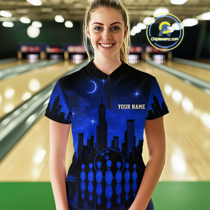 Blue Bowling Custom Women Bowling Shirt Polo & Quarter-Zip Bowling Team Jerseys HNT66