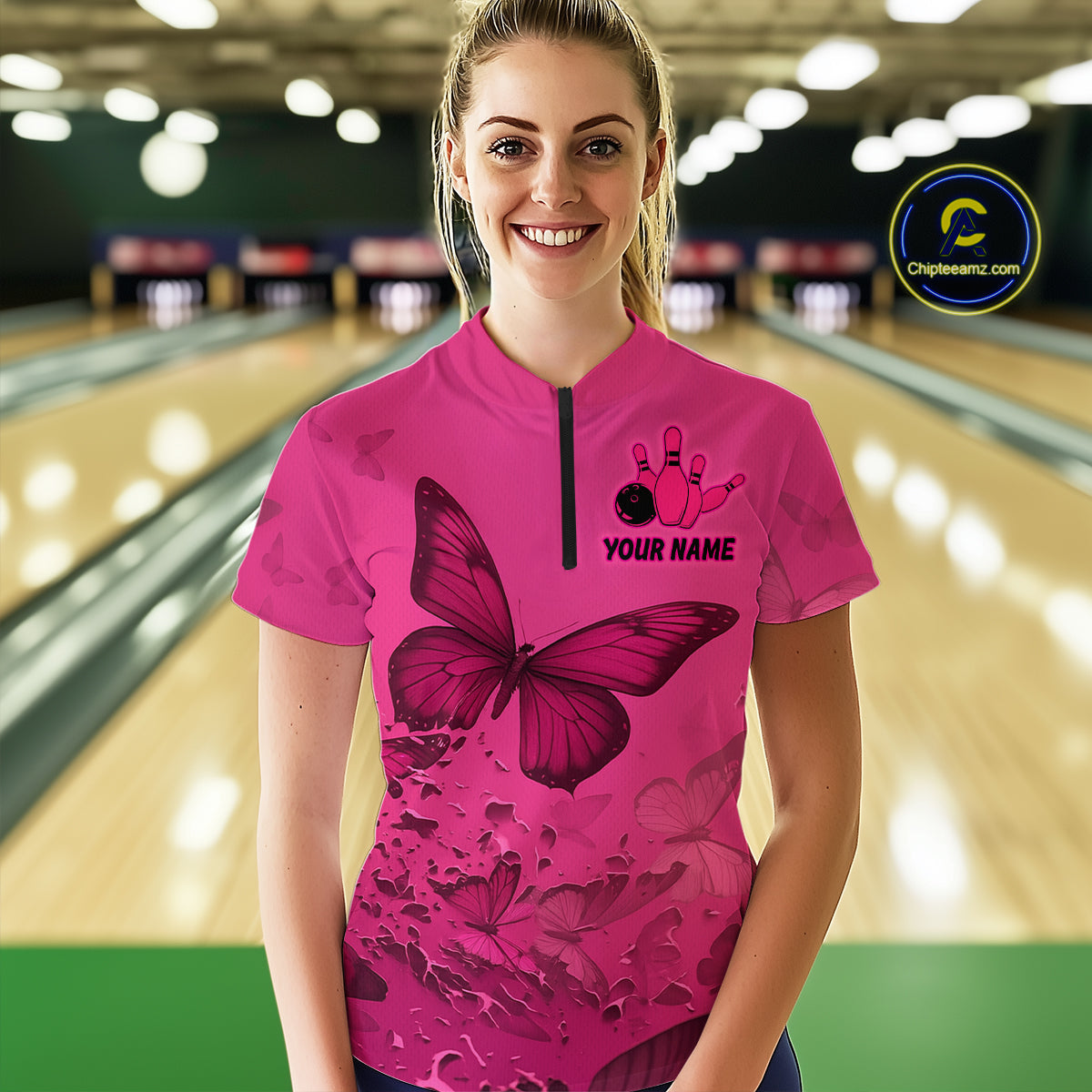 Pink Butterflies Bowling Shirts for Women Men Team Custom Bowling Polo and 1/4 Zip MBL121