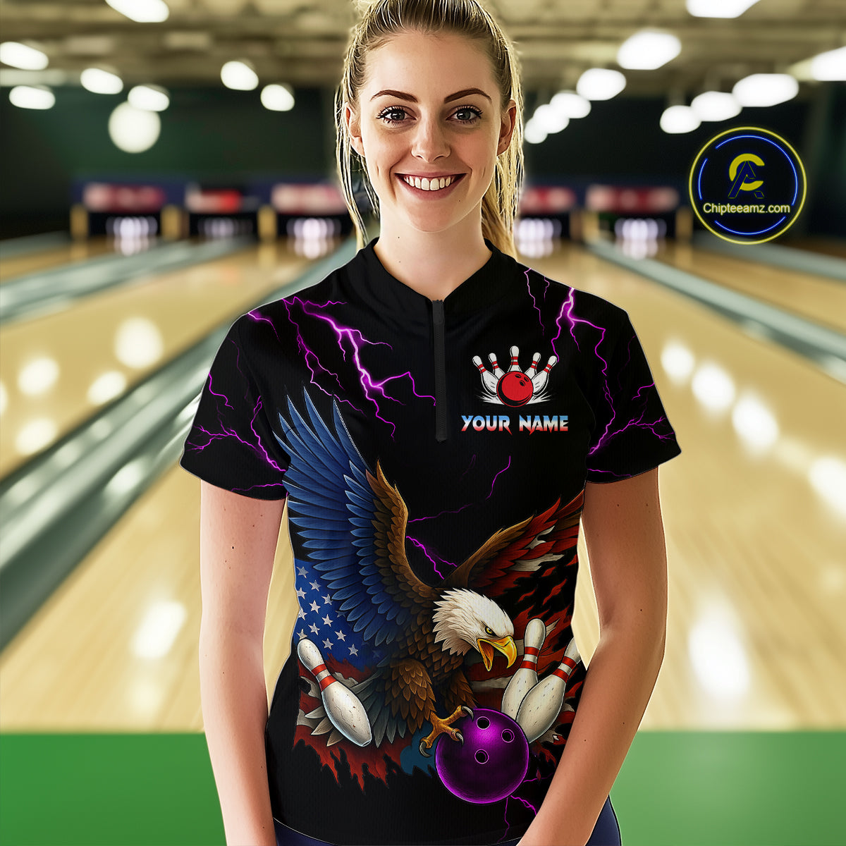 Purple Thunder US Flag Eagle Bowling Shirts for Women Team Bowling Polo & Quarter-Zip HNT96