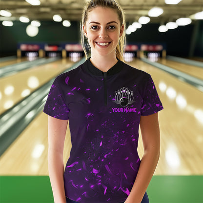 Personalized Purple Bowling Jersey Men Women Flame Bowling Quarter-Zip Shirt Bowling Shirt BDT424