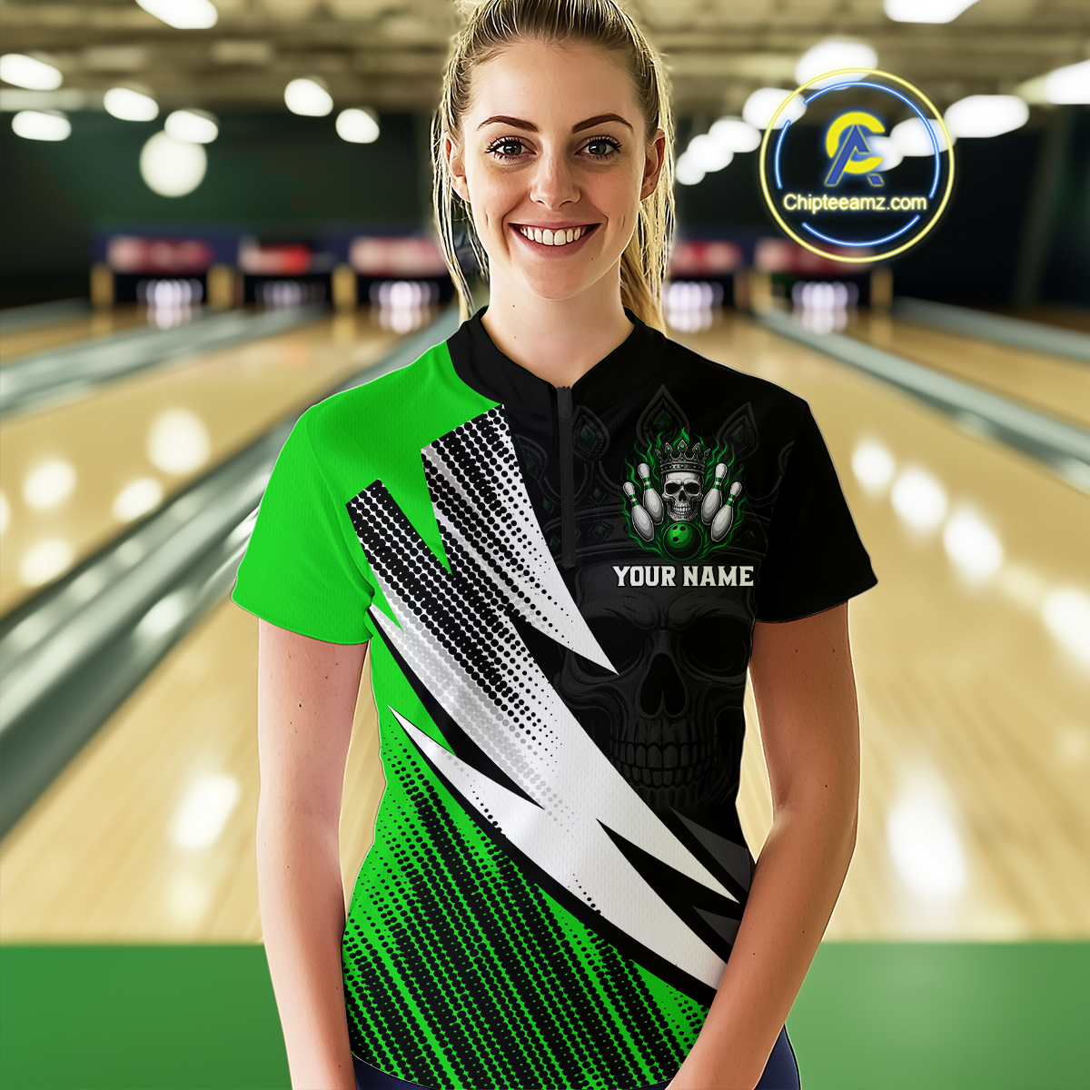 Green Skull Crown Bowling Custom Women Bowling Shirt Polo & Quarter-Zip Bowling Team Jerseys HNT65