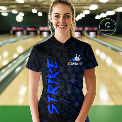 Custom Strike Blue Bowling Women Bowling Shirt Polo & Quarter-Zip Bowling Team Jerseys HNT79