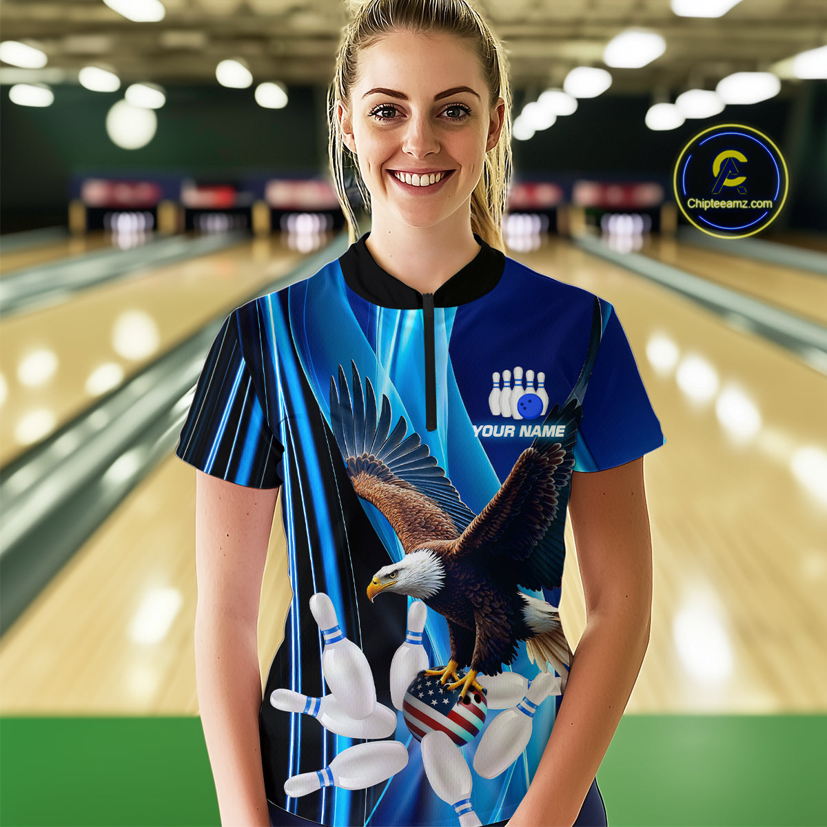 Custom Blue Eagle Bowling Shirt for Men Women Team Bowling Polo Shirts & 1/4 Zip MBL95