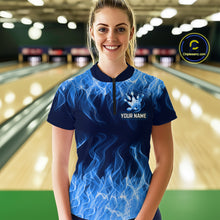 Load image into Gallery viewer, Custom Blue Flame Bowling Jersey for Women Polo &amp; 1/4 Zip Bowling Team Shirts Bowling League HNT150