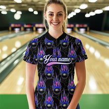 Load image into Gallery viewer, Black Bowling Ball Camo Blue Flame Bowling Polo, 1/4 Zip Shirt for Women Custom Bowling Team Jersey NQS9480