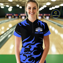Load image into Gallery viewer, Black and Blue Flame Bowling shirts for Women Custom team bowling jerseys, ladies bowling apparel NQS10267