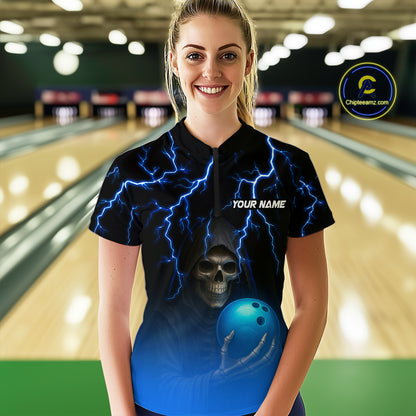 Custom Blue Thunder Skeleton Bowling Jersey for Women Bowling Polo & 1/4 Zip Bowling Team Shirts HNT108