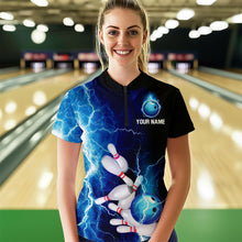 Load image into Gallery viewer, Blue Thunder Bowling Shirt for Women Custom Polo &amp; Quarter-Zip Team Bowling Jersey Bowling Team Shirt HNT22