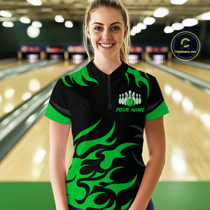 Black and Green Flame Bowling shirts for Women Custom team bowling jerseys, ladies bowling apparel NQS10268