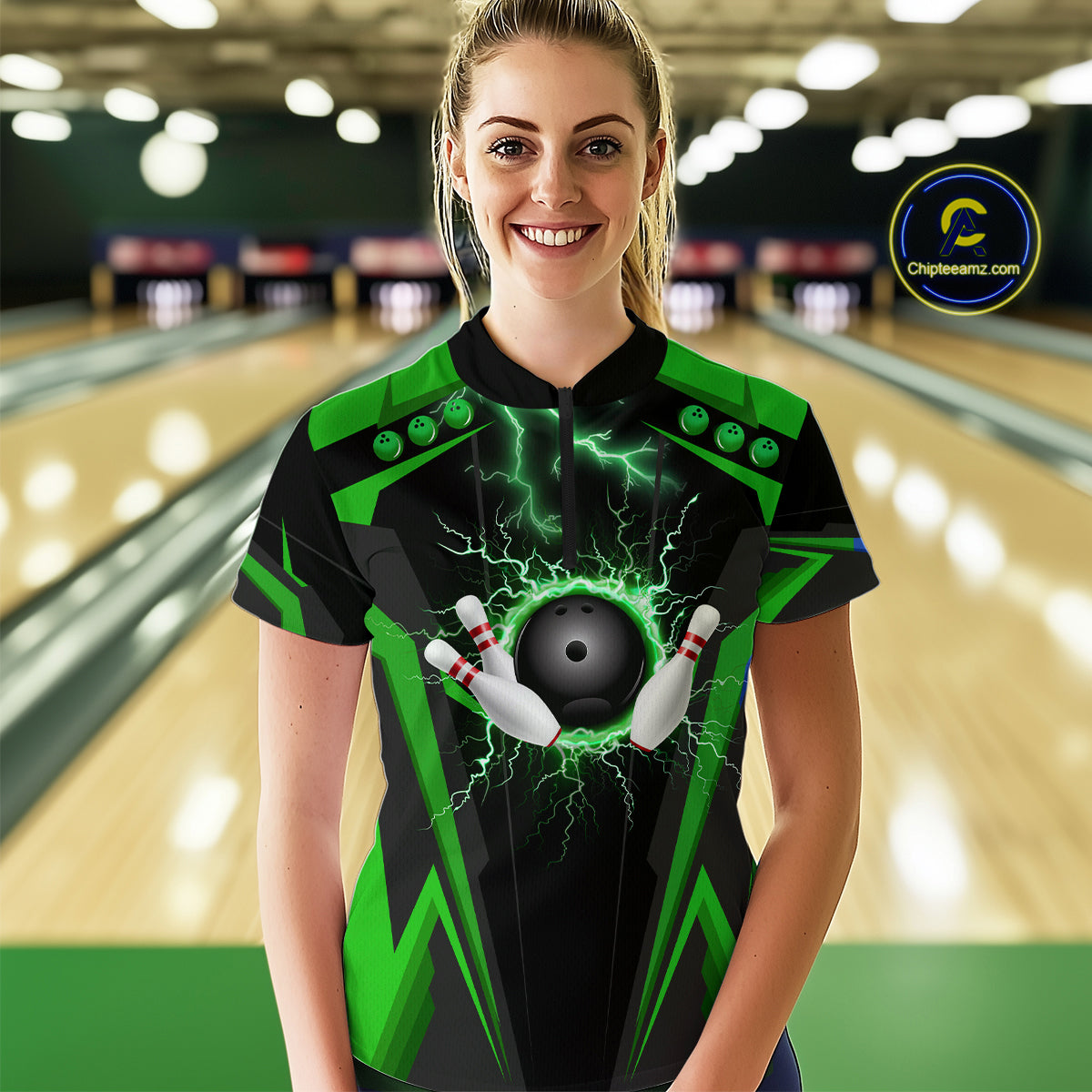 Black Women bowling Polo, 1/4 Zip shirt Custom lightning thunder team league bowling jersey | Green NQS10374