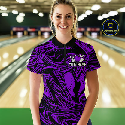 Custom Purple Bowling Women Bowling Shirt Polo & Quarter-Zip Bowling Team Jerseys HNT81