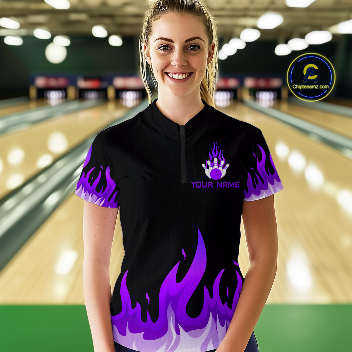 Custom Purple Flame Bowling Shirts for Women Polo & Quarter-Zip Bowling Team Jerseys HNT82