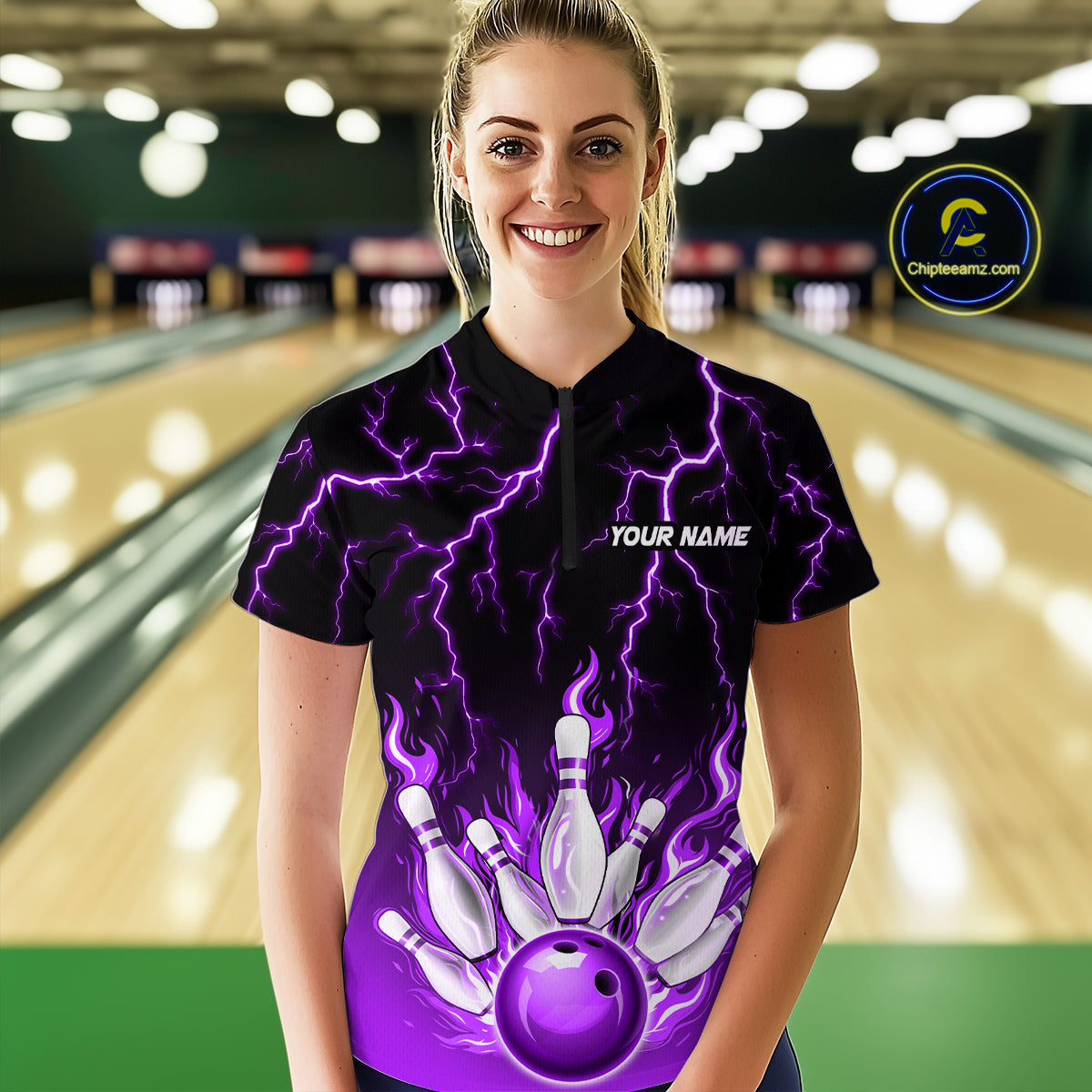Purple Thunder Bowling Custom Women Bowling Shirt Polo & Quarter-Zip Bowling Team Shirts HNT71