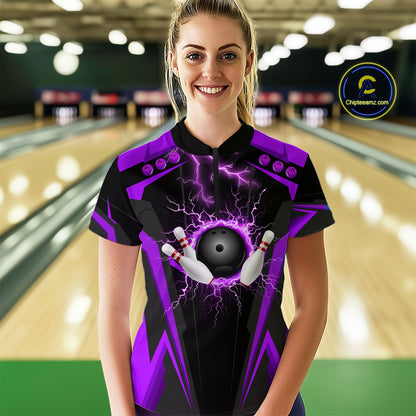 Black Women bowling Polo, 1/4 Zip shirt Custom lightning thunder team league bowling jersey | Purple NQS10375