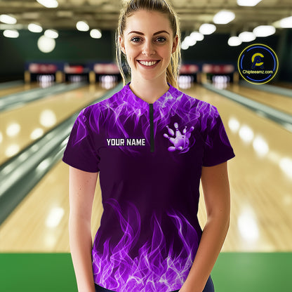 Custom Purple Flame Bowling Jersey for Women Bowling Uniform Polo & 1/4 Zip Bowling Team Shirts HNT106
