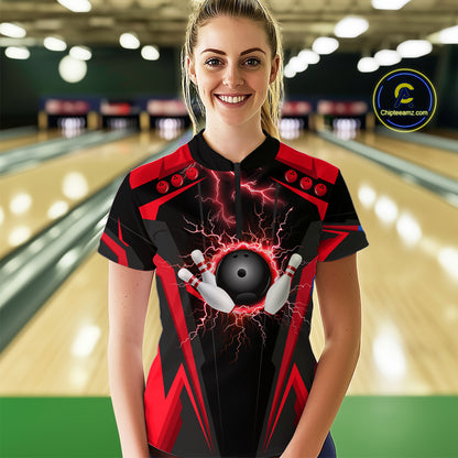 Black Women bowling Polo, Quarter Zip shirt Custom lightning thunder team league bowling jersey | Red NQS10373