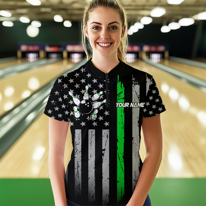 US Green Flag Bowling Shirt for Women Custom Name Polo & Quarter-Zip Bowling Jersey Bowling Team Shirt HNT23