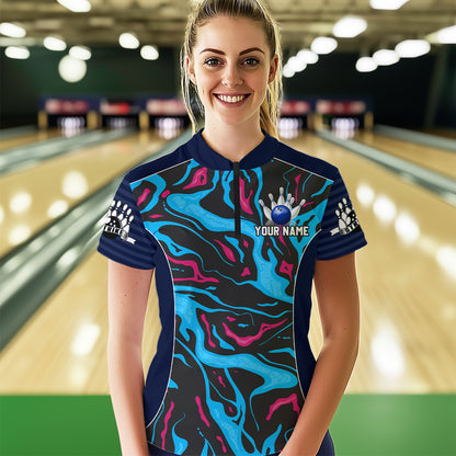 Custom Camo Pink & Teal Bowling Jersey Bowling Team League Shirt Quarter-Zip for Men Women QZT665