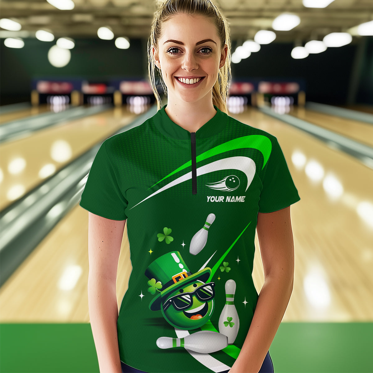 Custom Green St Patrick Day Bowling Shirt Lucky Funny Quarter-Zip Bowling Jersey QZT623