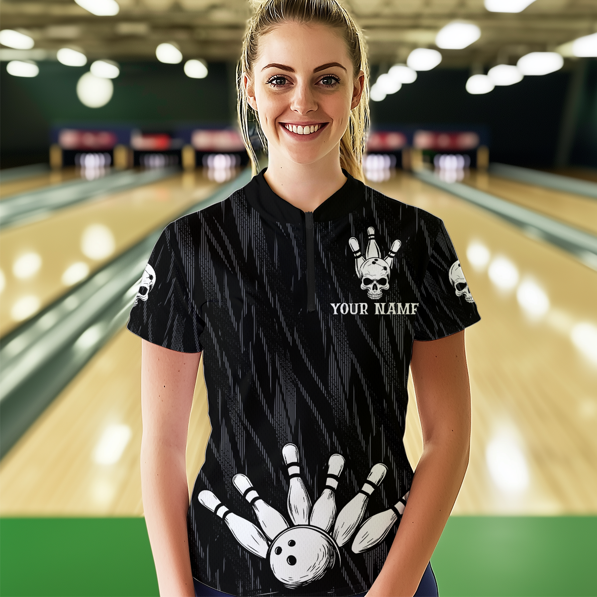 Skull Bowling Shirt for Women 3D Custom Name Team League Bowling Jersey Polo & Quarter-Zip HNT20