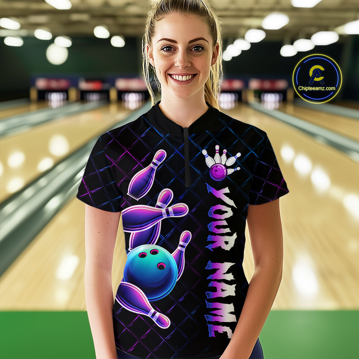 Neon Bowling Custom Women Bowling Shirt Polo & Quarter-Zip Bowling Team Jerseys HNT70