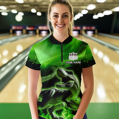 Personalized Green Dinosaur Bowling Shirt Bowling Quarter-Zip Team League for Men Women QZT666