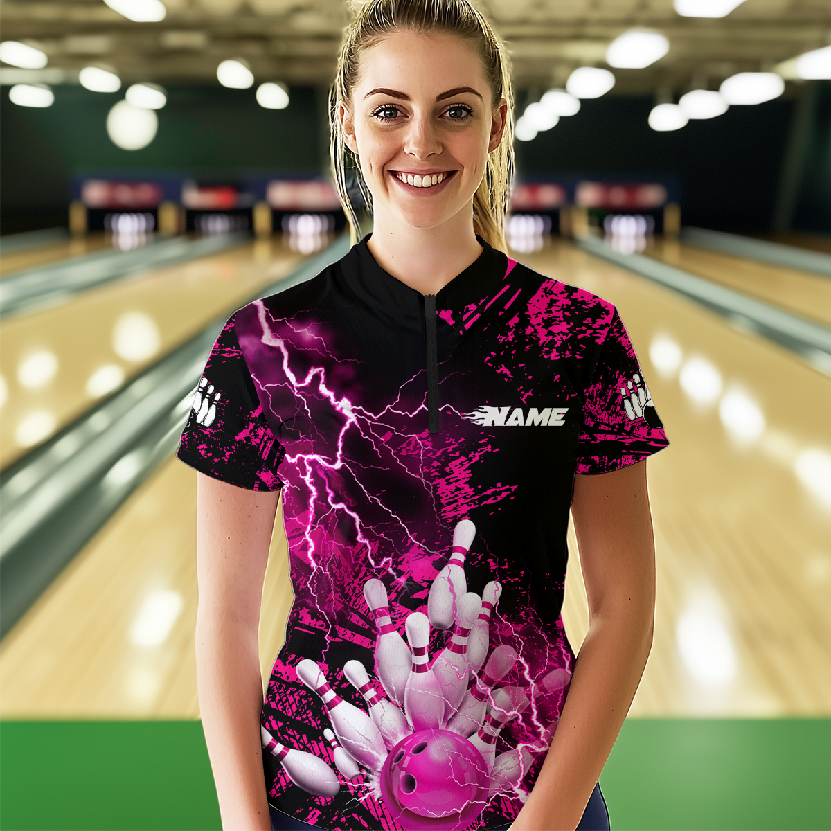 Pink Thunder Lightning Bowling Shirt Custom Colorful Bowling Jersey Men Women Team MBL67
