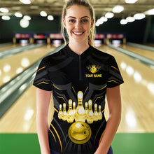 Load image into Gallery viewer, Black and Gold Custom Name Bowling Jerseys For Women Bowling Team Shirts Bowling Pin And Ball HNT26