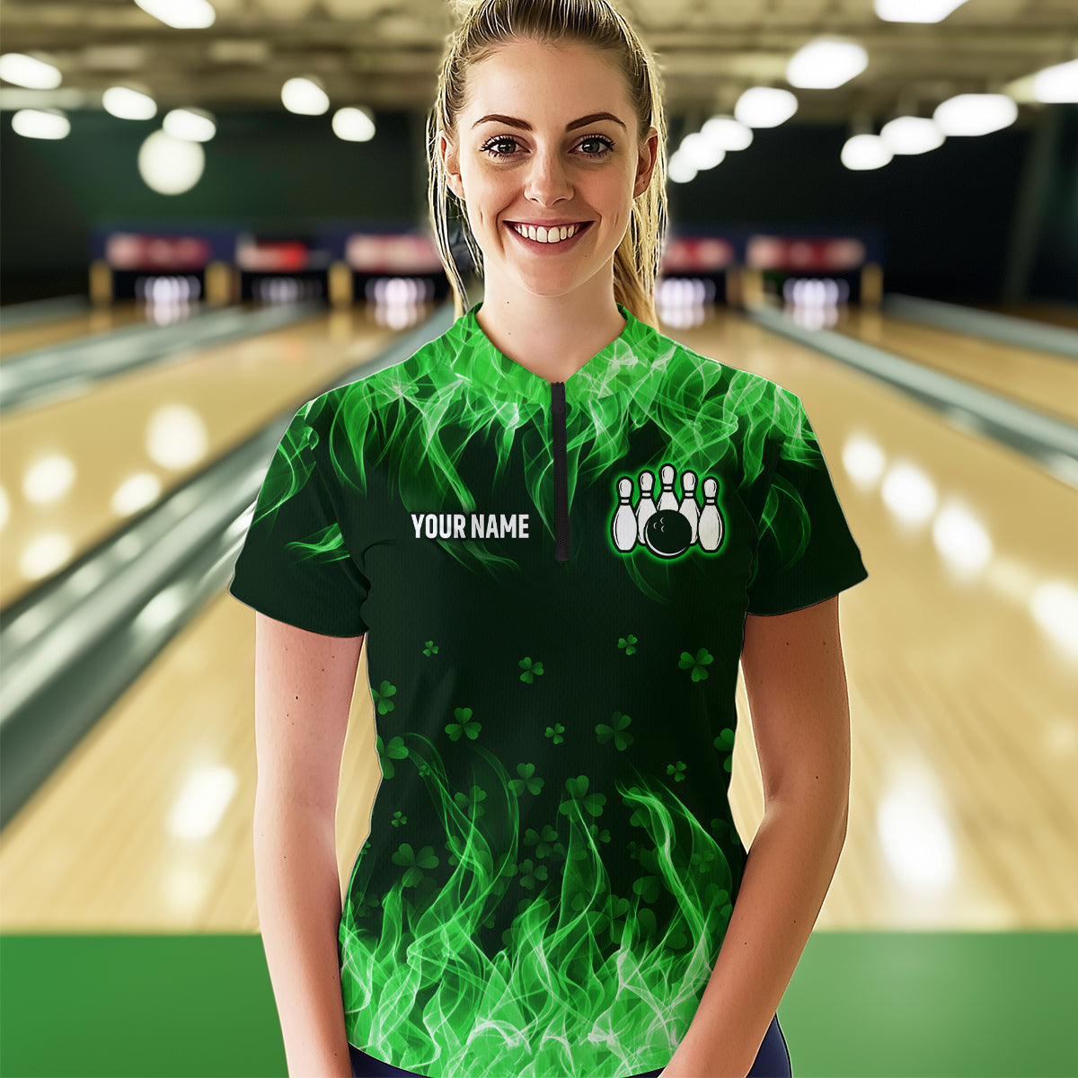 Personalized St Patrick Day Funny Flaming Bowling Shirt Women Team Polo & 1/4 Zip Shirts HNT13