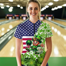 Load image into Gallery viewer, American flag St Patrick day shamrock pattern custom Team Bowling Polo, Quarter Zip shirt for Women NQS9581