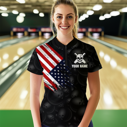 Skull US Flag Bowling Shirt for Women Personalized Patriotic Bowling Team Jersey Shirts Polo & Quarter-Zip HNT31